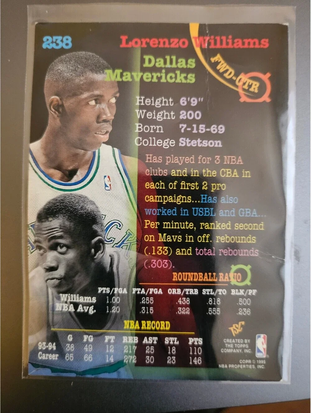 1994-95 Stadium Club Basketball Card Lorenzo Williams Dallas Mavericks #238 - Picture 2 of 2